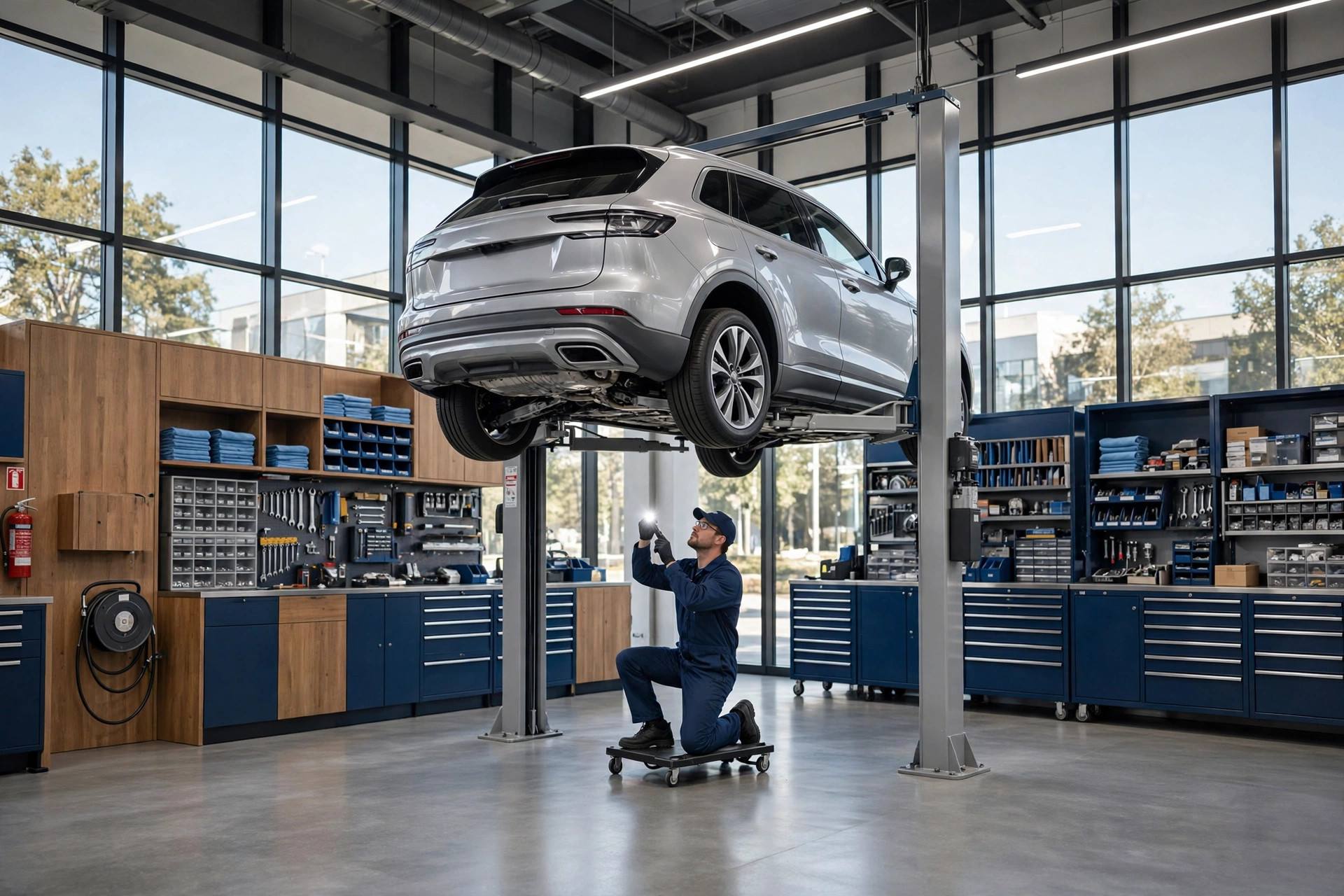 Inside the Prompt Autocare repair shop with a vehicle on a hydraulic lift